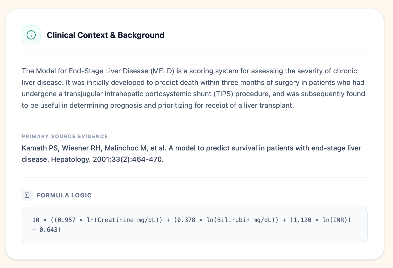 Clinical background card summarizing MELD